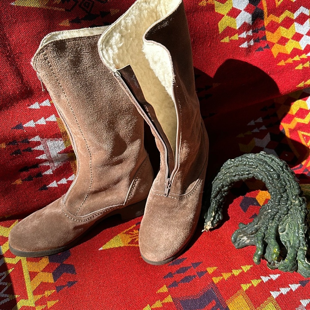 Brown suede boots made in England with real lambs wool, size 8